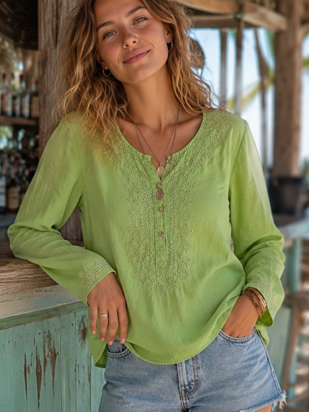 Old Navy | Y2K Green Beaded Boho Popover Henley Top, Size M